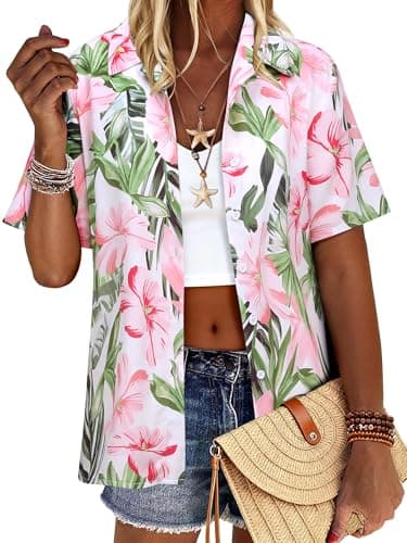 Women Summer Hawaii Shirts Floral Tropic Print Short Sleeve Button Up Tops