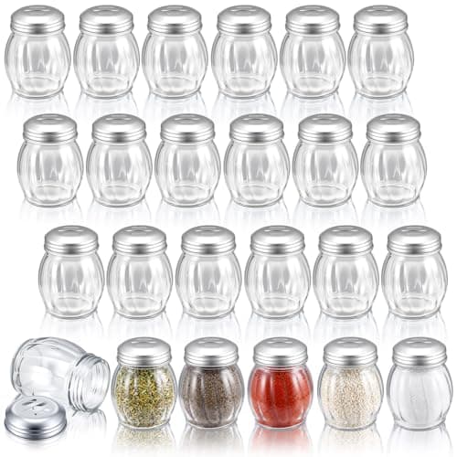 Hotop 24 Pcs Cheese Parmesan Shaker with Perforated Top, 6 Ounce Glass Spices Shaker with Slotted Stainless Steel Top Retro Swirl Style Jar Dispensers for Pepper Sugar Spice Kitchen(Three Holes)