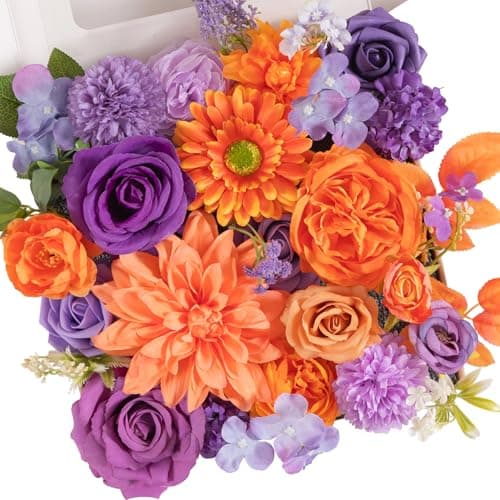 TINGE TIME Rose Artificial Flowers Combo, Fake Foam Roses with Stems for DIY Autumn Wedding Bridal Shower Party Table Centerpieces Fake Floral Arrangement Home Decor(Burnt Orange and Purple)