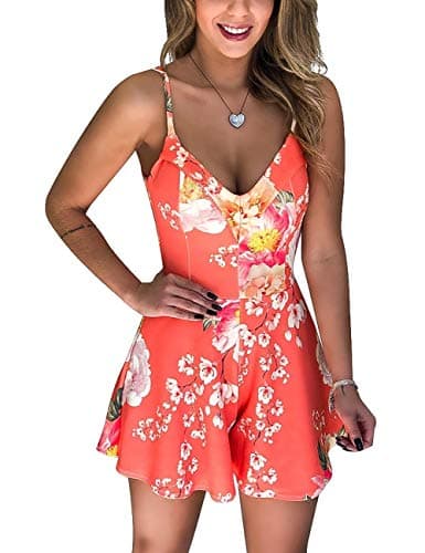 Amiliashp Womens Floral Rompers V Neck Boho Summer Beach Jumpsuit Red