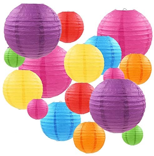 Famolay Paper Lanterns 16 Pcs Multicolor Assorted size of 4" 6" 8" 10" Chinese Round Paper Hanging Decorations Ball Lanterns Lamps for Home Decorations, Parties, and Weddings