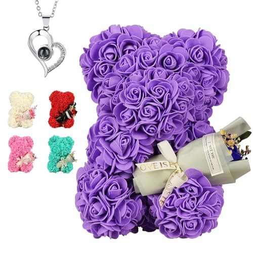 K KYMAKE Rose Bear Gifts for Women Girlfriend Wife, Flower Teddy Bear withI Love You Necklace in 100 Languages