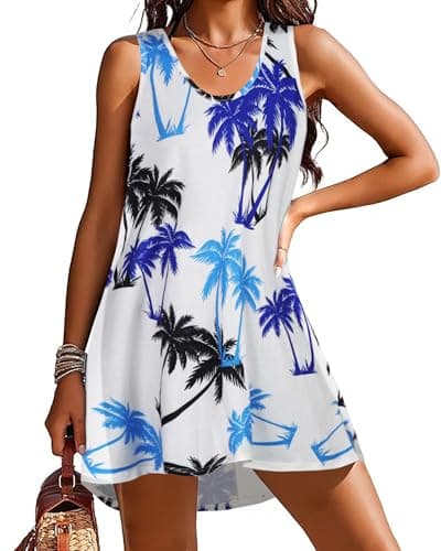 elescat Cover Ups for Swimwear Women Summer Casual Beach Sleeveless Tank Dress Loose Swing Coverup (White Blue Trees, S)