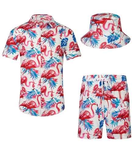 EISHOPEER Men 2 Piece Classic Hawaii Outfits Summer Casual Short Sleeve Shirts and Shorts Set with Bucket Hats 4X-Large