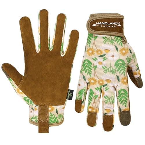 HANDLANDY Gardening Gloves for Women, Breathable Ladies Leather Touchscreen Garden Yard Gloves Best Gift for Gardeners (Caramel, S)
