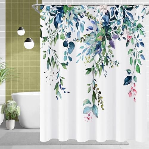 GKLEASG Eucalyptus Shower Curtain, Watercolor Green Leaves Plant Floral Spring Nature Waterproof Fabric Machine Washable with Hooks for Bathroom Bathtub 60Wx72H