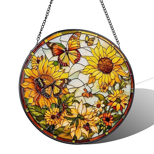 Sunflower Hanging Stained Glass for Windows,Hand-Painted Sun Catcher Garden Hangings, 9.8 inch