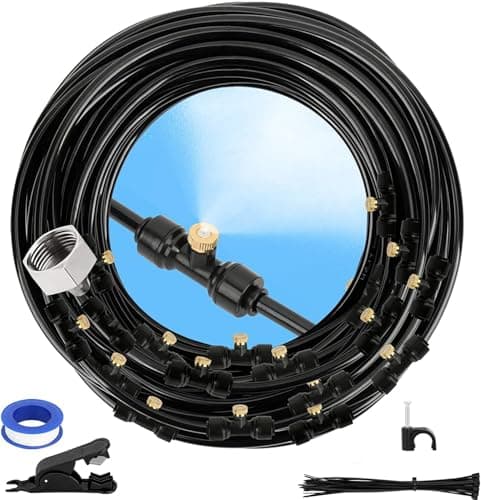 GMAULEE Misting Cooling System, DIY 33FT(10M) Misting Line +7 Brass Mist Nozzles+ a Brass Connector(3/4'') Outdoor Mister System for Patio Waterpark Garden Trampoline Greenhouse