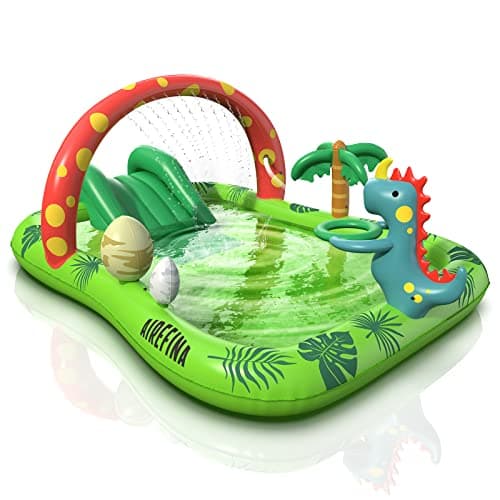 Inflatable Kids Pool, Airefina Dino Planet Inflatable Play Center Kiddie Pool with Water Slide, Ultra Thick 97"x76"x41" Toddler Pool with Play Ball Hoop, for Backyard, Garden, Water Park, Ages 3+