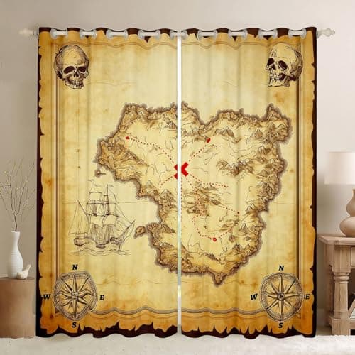 Feelyou Nautical Island Map Curtains Kids Vintage Old Map Pirate Ship Window Curtains for Bedroom Living Room Ocean Ancient Pirate Skull Window Treatments Decor,38 X 45 Inches,2 Panels