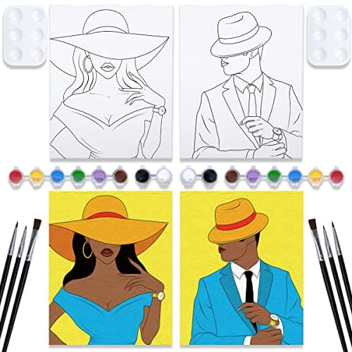 VOCHIC Couples Paint Party Kits Pre Drawn Canvas for Adults Paint and Sip Date Night Games for Couples Painting Set 8x10 Elegant Ladies Gentlemen (2 Pack) Valentine