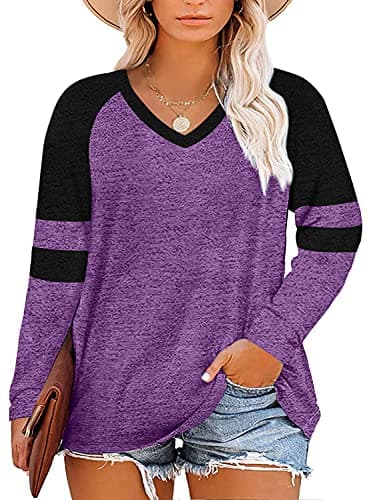 Haloumoning Womens Striped Plus Size Tops Long Sleeve Oversized Fall Shirts