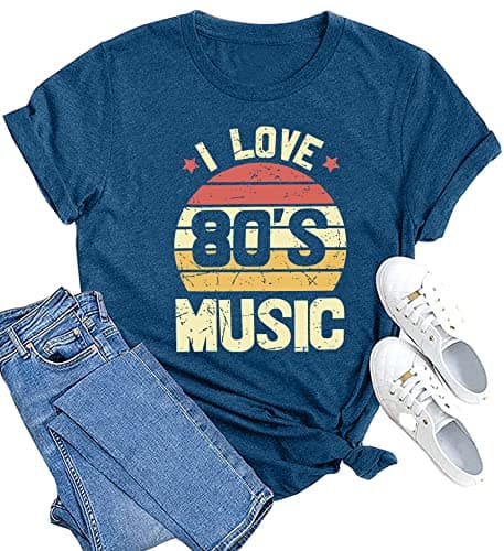 MAIHUN 80s Music Shirt for Women I Love 80's Music Shirts Old Music Fans Vintage Tee Tops Blue