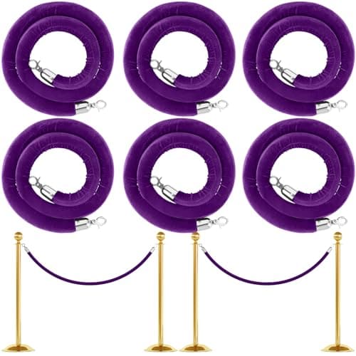 Woanger 6 Pack 5 Feet Velvet Stanchion Rope Crowd Control, Purple