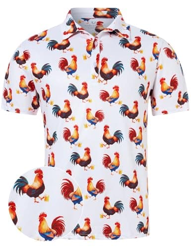 uideazone Mens Polo Shirts Funny Rooster Printed Golf Shirts for Men Moisture Wicking Dry Fit Performance Golf Polo Short Sleeve Shirt S