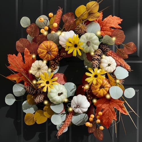 Valery Madelyn Fall Halloween Wreath with Lights for Front Door 18"