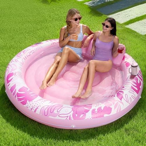 SLOOSH Inflatable Tanning Pool Lounger Float, 72" x 56" Pool Floats Adult with Pillow, 4 in 1 Round Suntan Tub Raft Floatie,Sunbathing Bed Lounge for Water Blow Up Ball Pit Party Gifts, Pink