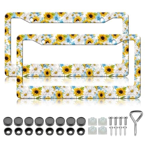 Flower License Plate Frame - 2PCS Sunflower Daisy Flowers Floral Stainless Steel Metal License Plate Holder, Rust-Proof Waterproof Car Decorative Tag Frames