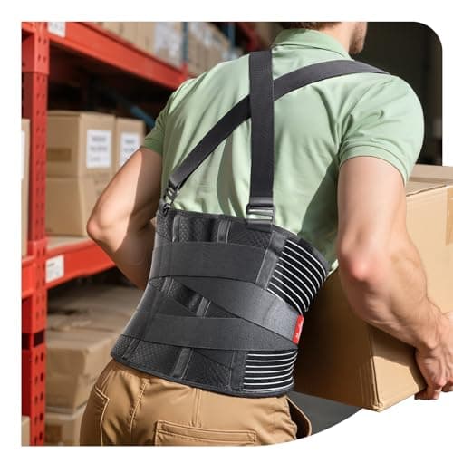 Ultra Breathable Work Back Brace for Men & Women [Upgraded Medical-Grade Support] Lower Back Support Belt with Removable Suspenders - Pain Relief for Lifting, Warehouse, Construction, Moving, 3XL