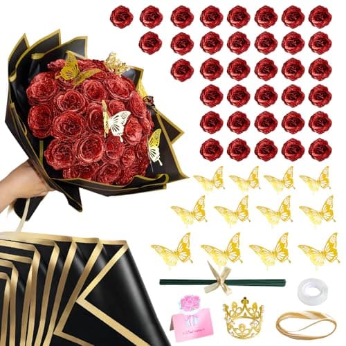 36 Pack Glitter Roses Bouquet Red- DIY Artificial Rose Bouquet Fake Shiny Flowers with Stems Eternal Floral for Elegance Wedding Bouquet Anniversary Birthday Graduations Valentine's Day Love Gift