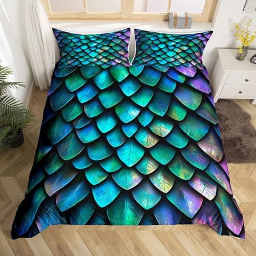 Feelyou Dragon Scales Duvet Cover for Kids Teens Reptile Skin 3D Bedding Set Animal Comforter Cover Ultra Soft Decor Bedspread Cover Blue and Green Queen Size with 2 Pillow Case