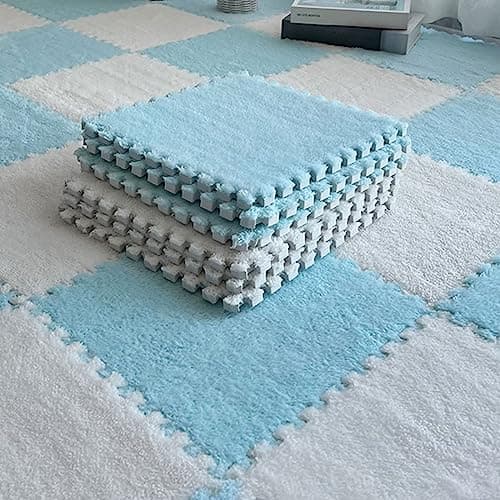 Typutomi 10pcs Plush Puzzle Foam Floor Mat, Soft Fluffy Interlocking Square Foam Tiles Area Rugs Carpet for Parlor Bedroom Decoration(11.8x11.8in, Blue&White)