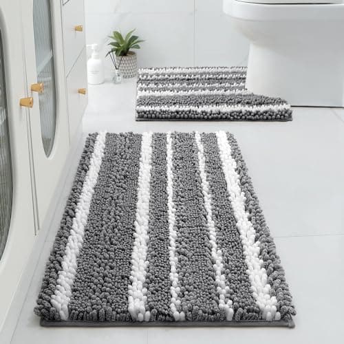 HOMEIDEAS Chenille Bathroom Rugs Sets 2 Piece, Cationic Dyed, Extra Soft Shaggy Absorbent Non-Slip Bath Mats, Machine Washable (32"x20"+U 24"x20", Dark Grey)