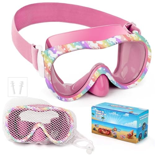 Kids Swim Goggles, Anti-Leak Snork Mask with Nose Cover & Elastic Fabric Strap, UV Protection Swimming Goggles for Kids Boys Girls (Pink-Unicorn)