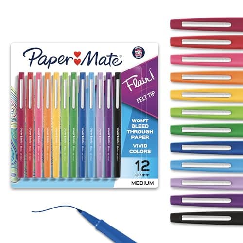 Paper Mate Flair Felt Tip Pens, Medium Point (0.7mm), 12 Count - For Arts & Crafts, Note-Taking, Journaling, School Supplies for Teachers & Students