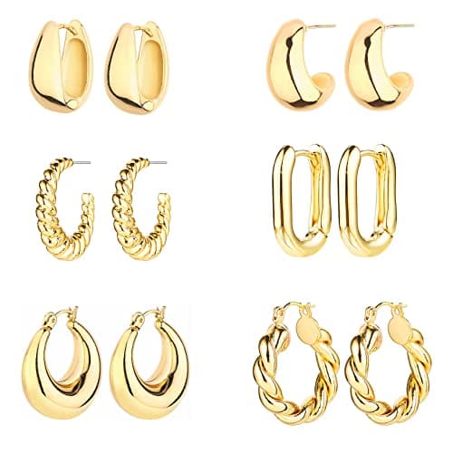 6 Pairs 14K Gold Plated Hoop Earrings for Women Lightweight Chunky Hoop Earrings Multipack Hypoallergenic, Thick Open Twisted Huggie Hoops Earring Set Jewelry for Gifts. (Gold)