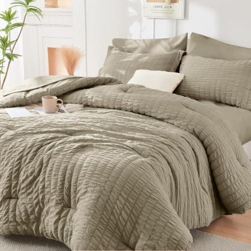 HYMOKEGE Linen Twin XL Comforter Set Seersucker 5 Pieces, All Season Luxury Bed in a Bag for Bedroom, Bedding Set with Comforter, Sheets, Pillowcase & Sham