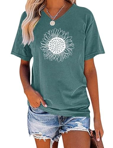 EADINVE Women's Summer Short Sleeve Cute Sunflower Graphic Printed Tee Vintage T Shirt Cotton Tops Novelty Cool Shirts