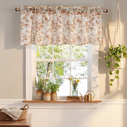 NICETOWN Faux Linen Valance for Windows Kitchen Living Room, Autumn Yellow Brown Peony Printed Rod Pocket Farmhouse Country Rustic Bathroom Small Window Treatment (52x18 inch, 1 Panel)