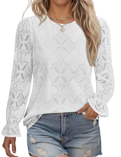 LOMON Women's 2026 Spring Summer Tops Trendy Long Sleeve Lace Eyelet Shirts Business Casual Work Blouses Fashion Clothing