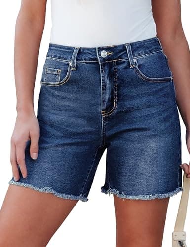luvamia FleXclusive Jean Shorts for Women Trendy High Waisted Stretchy Denim Summer Casual Raw Hem Mom Long Cutoff Jorts Women's Shorts with Pockets Darkness Blue Size Medium Fits US 8-10