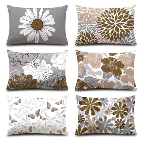 COMMINY Brown Grey Lumbar Pillow Covers 12x20 Set of 6 Floral Pillow Covers