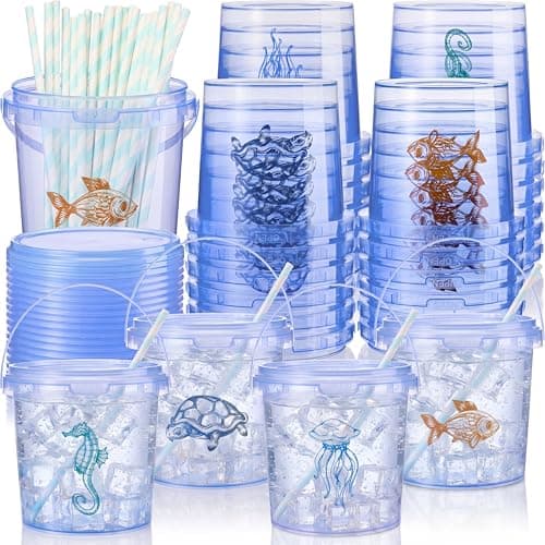 24 Pack 32oz Coastal Ocean Drink Buckets Cups with Lids and Straws for Pool
