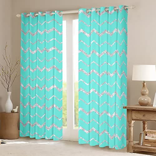 Feelyou Teal Window Curtains for Bedroom Living Room for Teen Girls Boys Women, Cute Aqua Turquoise and Silver Window Drapes Treatments, 30-50% Blackout Curtains 38W X 54L,2 Panels