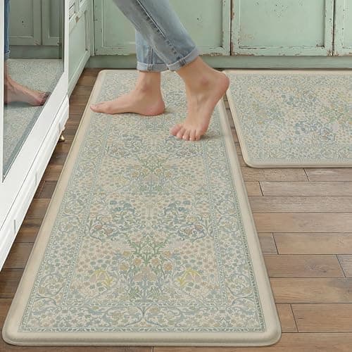 WondRg Kitchen Mats for Floor Thick Anti Fatigue Waterproof Vintage Spring Floral Kitchen Rugs 2PCS Cushioned Non Blue Comfort Standing Mats for Sink Laundry Office 17.3"×47"+17.3"×30"