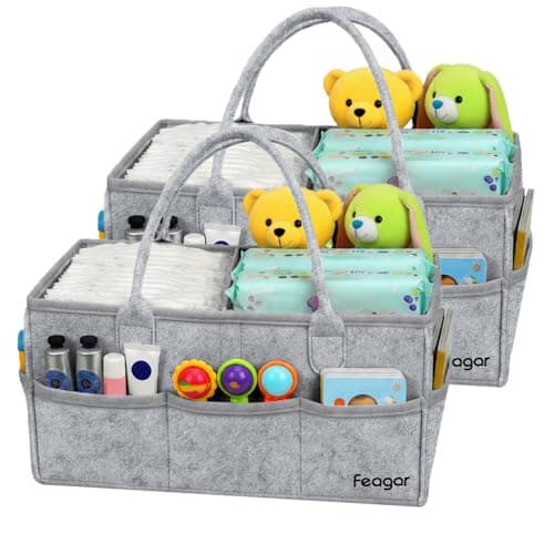 Feagar Baby Diaper Caddy Organizer, 15 Inch Large 2 Pack Set with 8 Pockets & 2 Dividers, Portable Nursery Storage Basket & Car Organizer for Changing Table, Travel (Grey)