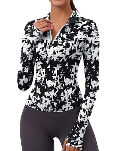 LOMON Women's Golf Shirts 1/4 Zip Long Sleeve Tops Dry Fit Athletic Tee Yoga Running Pilates Hiking Tennis Gym Clothes(Black White,Small)