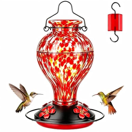 Tegarbed Hand Blown Glass Hummingbird Feeders for Outdoors Hanging, 24oz Wild Bird Nectar Feeder with Ant Moat and Perch, Bee-Resistant Ports, Garden Decor, Gifts for Women Mom, 1 Pack, Red Polka Dots