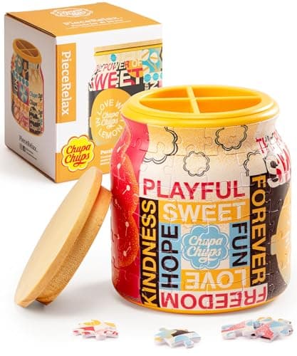 Chupa Chups X PieceRelax 3D Puzzle Jar 96 Plastic Pieces for Adults - Timeless Memories - Retro Fun M Use Includes Divider as Pen and Utensils Holder with Wooden Lid for Kitchen Dining Study [BB1044]