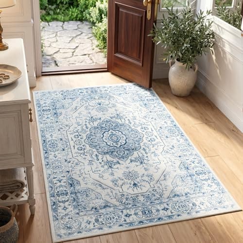 jinchan Area Rug 4x6 Medallion Floral Washable Rug Non Slip Vintage Thin Soft Carpet for Kitchen Bedroom Dining Room Living Room Distressed Blue