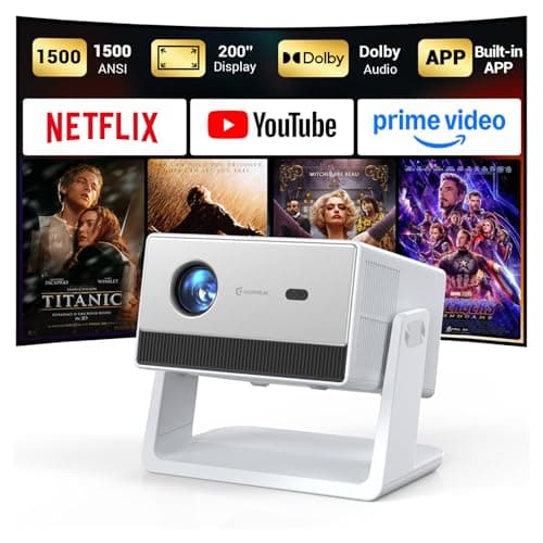 Mini Smart Projector, 1500 ANSI Portable Projector with WiFi and Bluetooth, HAPPRUN 4K Full HD Home Theater with 270° Stand, Dolby Sound, Built-in Apps,Compatible with Phone & PC, Indoor & Outdoor Use
