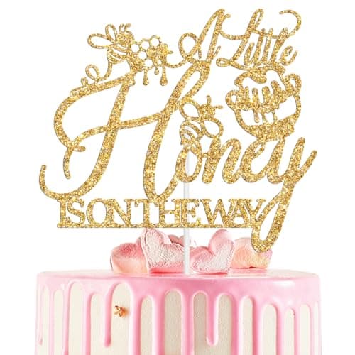 A Little Honey is on the Way Cake Topper, Oh Babee/What Will Baby Bee, Honey Bee Baby’s 1st Birthday Baby Shower Party Decorations Supplies Gold Glitter