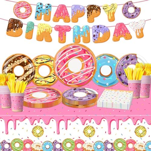 Donut Grow Up Party Supplies 142Pcs Sweet Birthday Party Decorations for Girls Includes Plates, Napkins, Cups, Tablecloth, Banner for Donut Party Decorations Serves 20