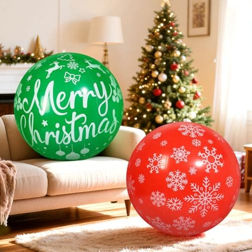 Wlicon 2 PCS 32 Inch Large Christmas in July Inflatable Pool Noodle Floats Christmas Inflatable Balls Outdoor Christmas Ball Ornaments for Xmas Garden Lawn Yard Holiday Front Door Decoration