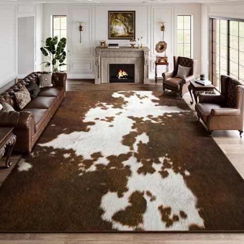 DweIke Cow Print Rugs for Living Room, 5x7 Soft Faux Animal Cowhide Area Rug, Washable Non-Slip Stain Resistant Throw Carpet for Dining Room Office Western Home Decor, Light Brown