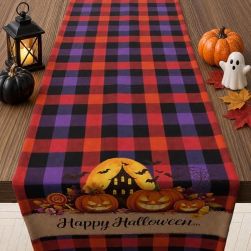 OHOME Halloween Decorations - Happy Halloween Checkered Table Runner | Halloween Party Favors Home Decor - Halloween Tablecloth Backdrop for Fall Kitchen Dining Indoor Outdoor Decorations